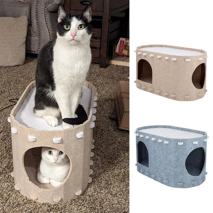A cozy 2-in-1 cat bed featuring a hammock and a hiding house, designed for comfort and relaxation.