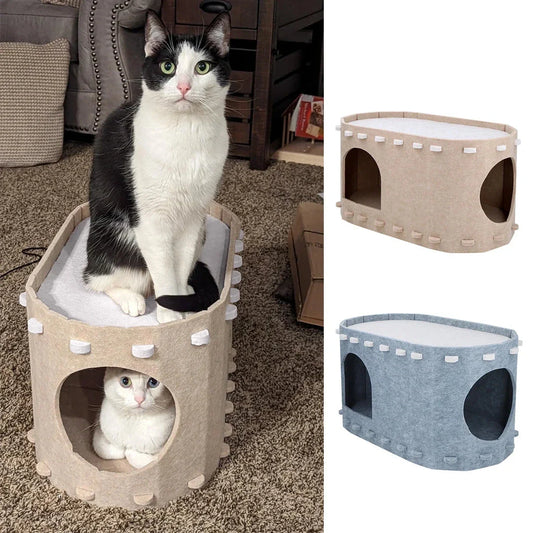 A cozy 2-in-1 cat bed featuring a hammock and a hiding house, designed for comfort and relaxation.