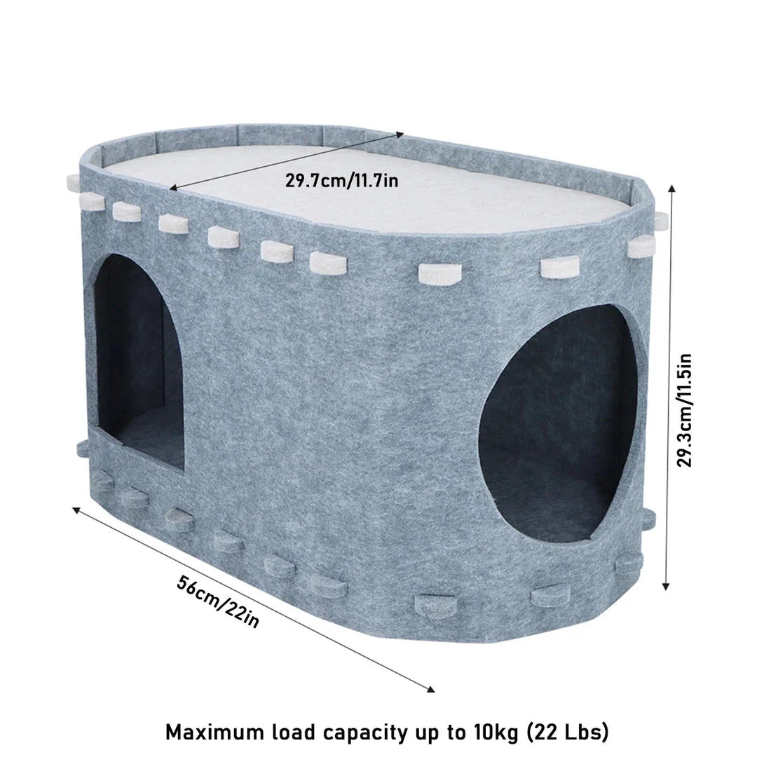 A cozy 2-in-1 cat bed featuring a hammock and a hiding house, designed for comfort and relaxation.