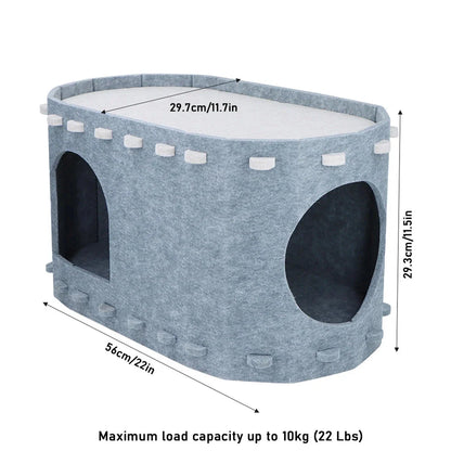 A cozy 2-in-1 cat bed featuring a hammock and a hiding house, designed for comfort and relaxation.