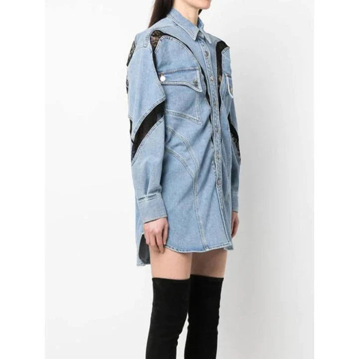 Fashionable Women's Summer Lace-Detailed Denim Jacket in blue color with turn-down collar and lace detailing