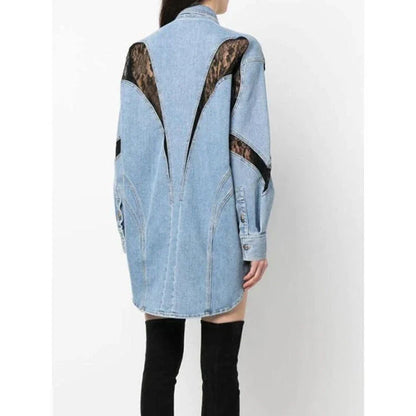 Fashionable Women's Summer Lace-Detailed Denim Jacket in blue color with turn-down collar and lace detailing