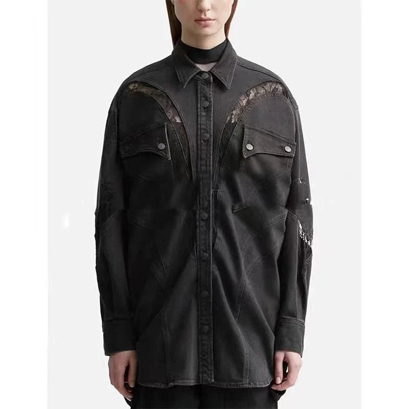 Fashionable Women's Summer Lace-Detailed Denim Jacket in blue color with turn-down collar and lace detailing