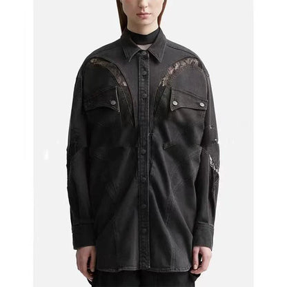 Fashionable Women's Summer Lace-Detailed Denim Jacket in blue color with turn-down collar and lace detailing