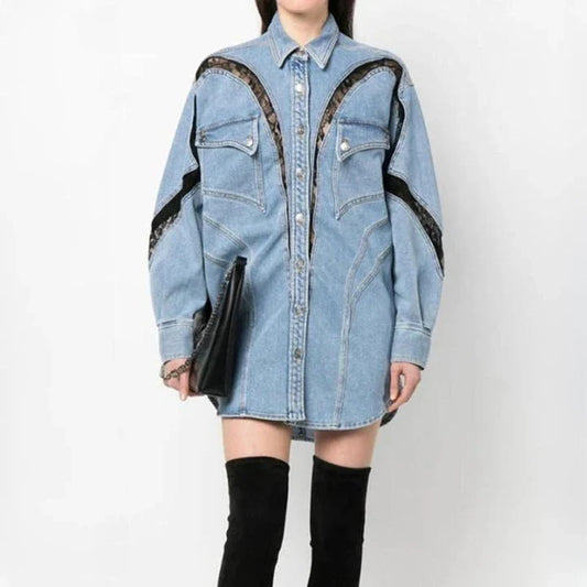 Fashionable Women's Summer Lace-Detailed Denim Jacket in blue color with turn-down collar and lace detailing