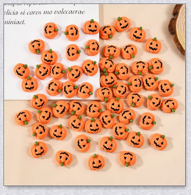 Minkin's resin flat-backed mini Halloween pumpkin miniatures in a variety of vibrant colors, perfect for DIY crafts and decorations