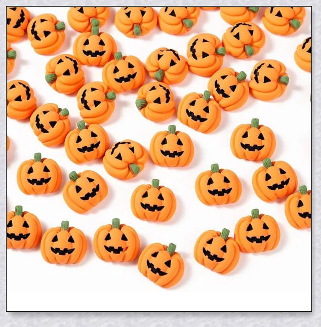Minkin's resin flat-backed mini Halloween pumpkin miniatures in a variety of vibrant colors, perfect for DIY crafts and decorations