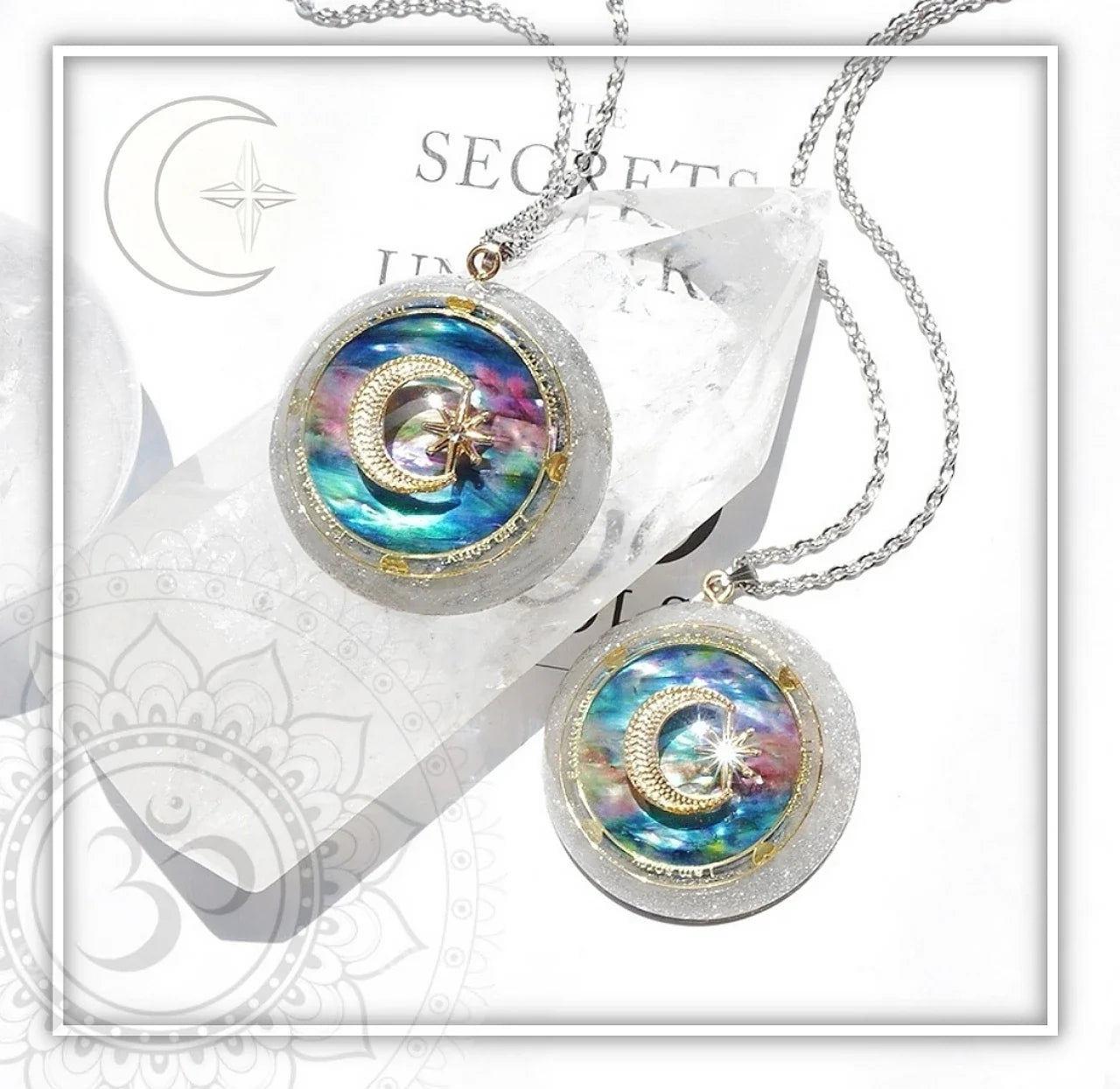 Handmade crystal pendant necklace with a sweater chain in a celestial-inspired design