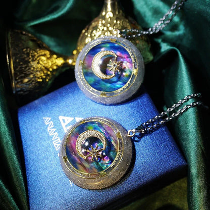 Handmade crystal pendant necklace with a sweater chain in a celestial-inspired design