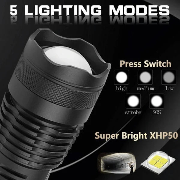 90,000 Lumens Xhp50.2 Most Powerful Flashlight with Telescopic Zoom and Rechargeable Battery Options