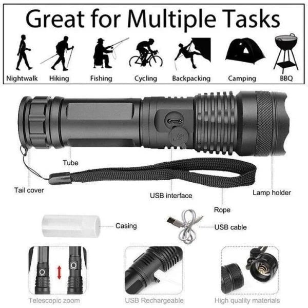90,000 Lumens Xhp50.2 Most Powerful Flashlight with Telescopic Zoom and Rechargeable Battery Options