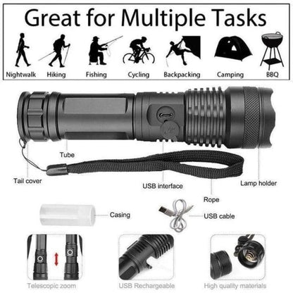 90,000 Lumens Xhp50.2 Most Powerful Flashlight with Telescopic Zoom and Rechargeable Battery Options