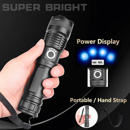 90,000 Lumens Xhp50.2 Most Powerful Flashlight with Telescopic Zoom and Rechargeable Battery Options