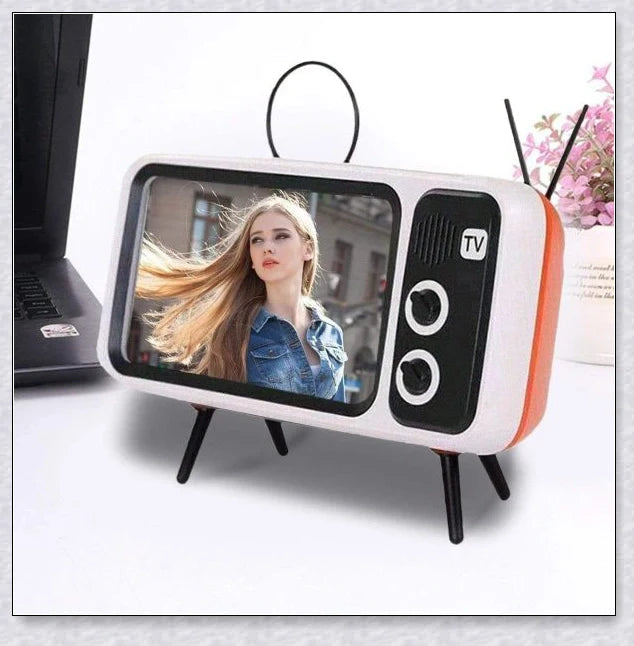 Retro TV Phone Holder & Bluetooth Speaker in multiple color options, providing hands-free viewing and wireless audio playback