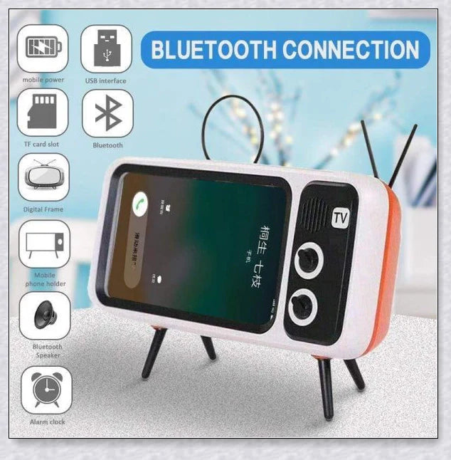 Retro TV Phone Holder & Bluetooth Speaker in multiple color options, providing hands-free viewing and wireless audio playback