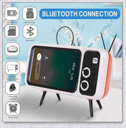 Retro TV Phone Holder & Bluetooth Speaker in multiple color options, providing hands-free viewing and wireless audio playback