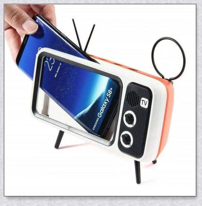Retro TV Phone Holder & Bluetooth Speaker in multiple color options, providing hands-free viewing and wireless audio playback