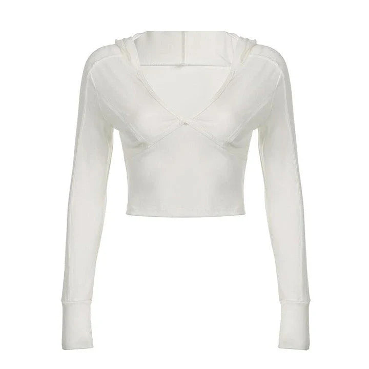 A white hooded top with a low-cut v-neck and long sleeves, designed to provide a flattering, slimming silhouette.