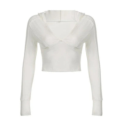 A white hooded top with a low-cut v-neck and long sleeves, designed to provide a flattering, slimming silhouette.