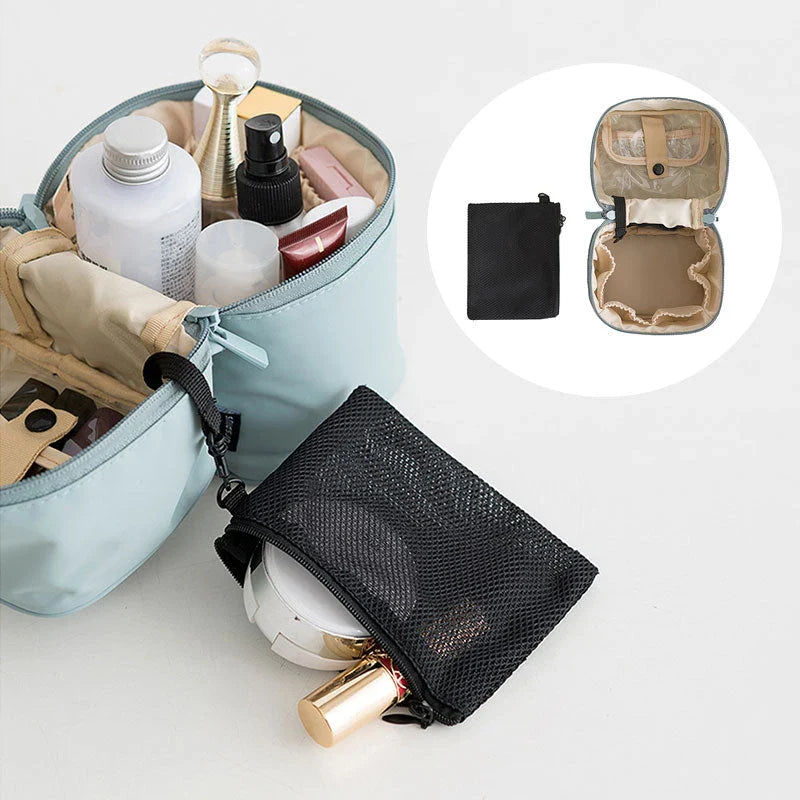 A cylindrical nylon makeup storage bag in a green color, designed for portable and organized beauty on the go.