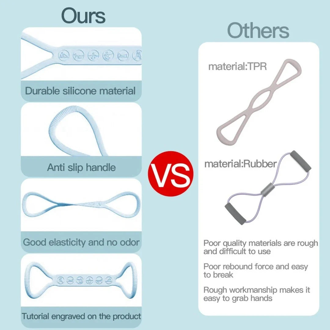 8-character silicone resistance band kit with light, medium, and heavy bands for lower body workouts