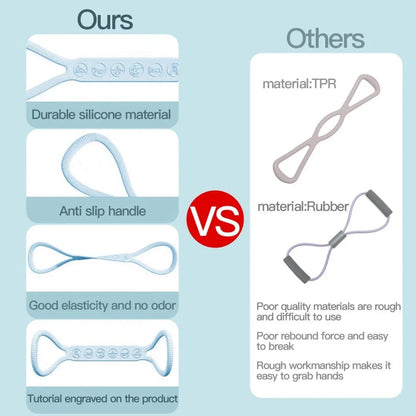 8-character silicone resistance band kit with light, medium, and heavy bands for lower body workouts