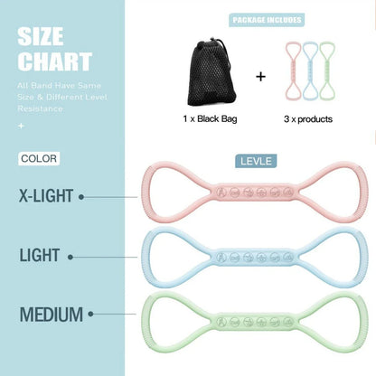 8-character silicone resistance band kit with light, medium, and heavy bands for lower body workouts
