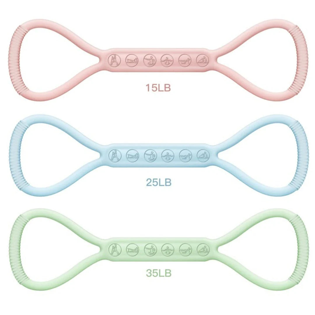 8-character silicone resistance band kit with light, medium, and heavy bands for lower body workouts