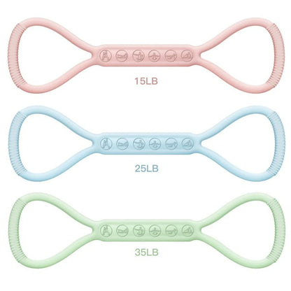 8-character silicone resistance band kit with light, medium, and heavy bands for lower body workouts