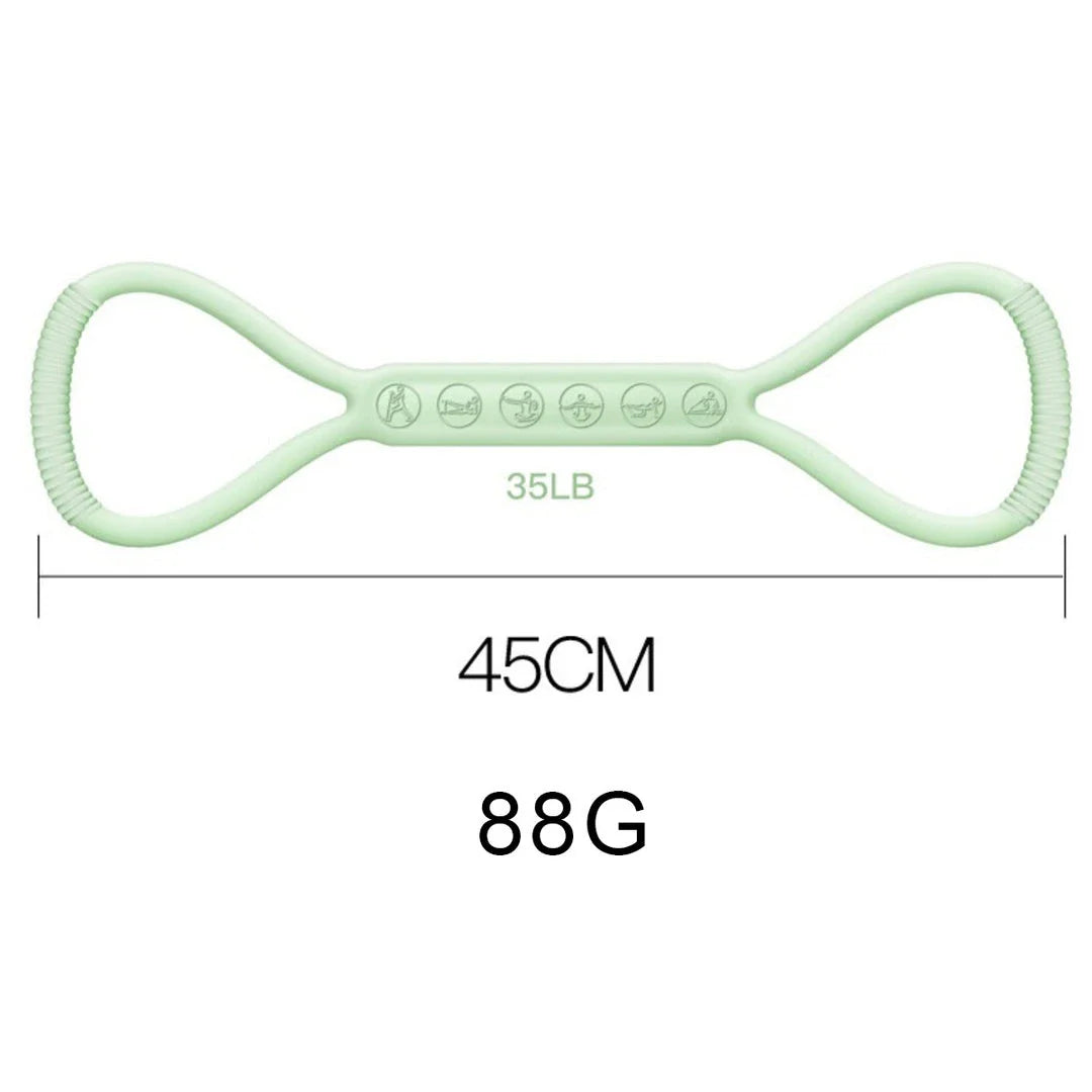 8-character silicone resistance band kit with light, medium, and heavy bands for lower body workouts