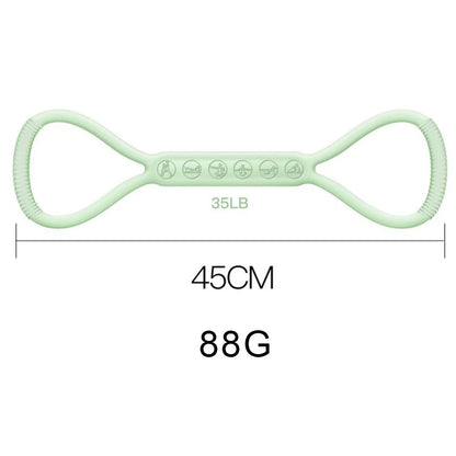 8-character silicone resistance band kit with light, medium, and heavy bands for lower body workouts
