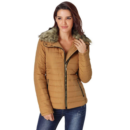 Imitation fur collar long sleeve cotton jacket in black, army green, and camel colors for women