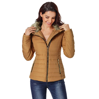 Imitation fur collar long sleeve cotton jacket in black, army green, and camel colors for women