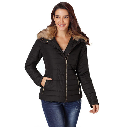 Imitation fur collar long sleeve cotton jacket in black, army green, and camel colors for women