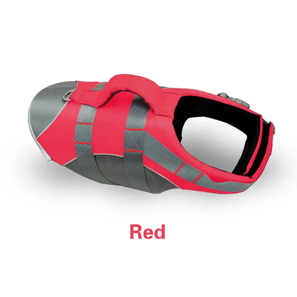 Dog wearing a colorful life jacket vest with reflective stripes and a rescue handle, ready for water activities