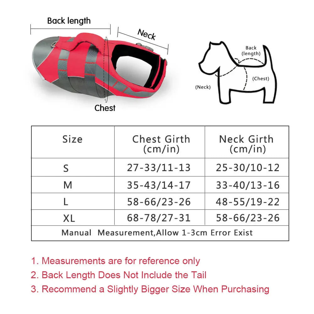 Dog wearing a colorful life jacket vest with reflective stripes and a rescue handle, ready for water activities