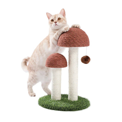 Adorable cat scratching post with natural sisal rope, interactive toys, and a sturdy base for kittens and small cats