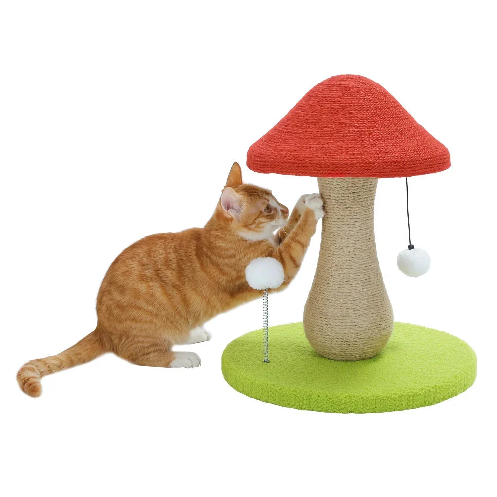 Adorable cat scratching post with natural sisal rope, interactive toys, and a sturdy base for kittens and small cats