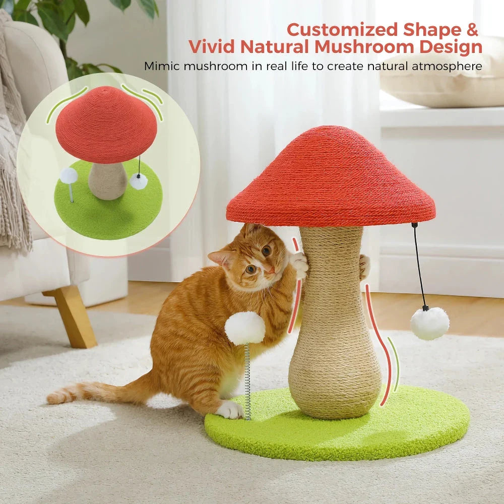 Adorable cat scratching post with natural sisal rope, interactive toys, and a sturdy base for kittens and small cats