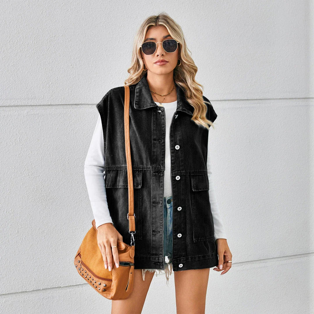 Denim vest with large pockets, sleeveless design, and fashionable silhouette for women's casual and everyday wear