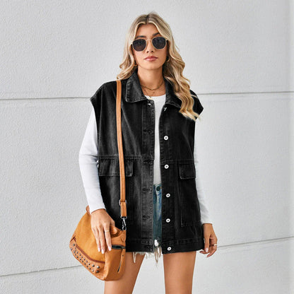 Denim vest with large pockets, sleeveless design, and fashionable silhouette for women's casual and everyday wear