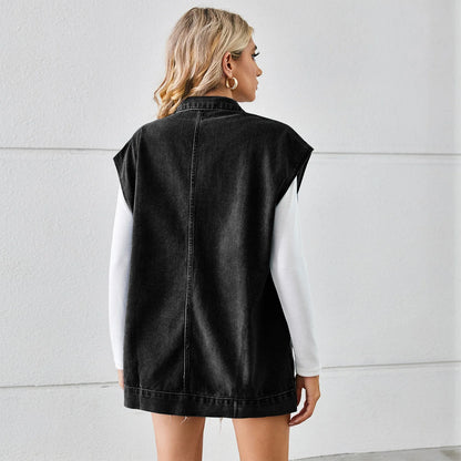 Denim vest with large pockets, sleeveless design, and fashionable silhouette for women's casual and everyday wear