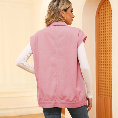Denim vest with large pockets, sleeveless design, and fashionable silhouette for women's casual and everyday wear
