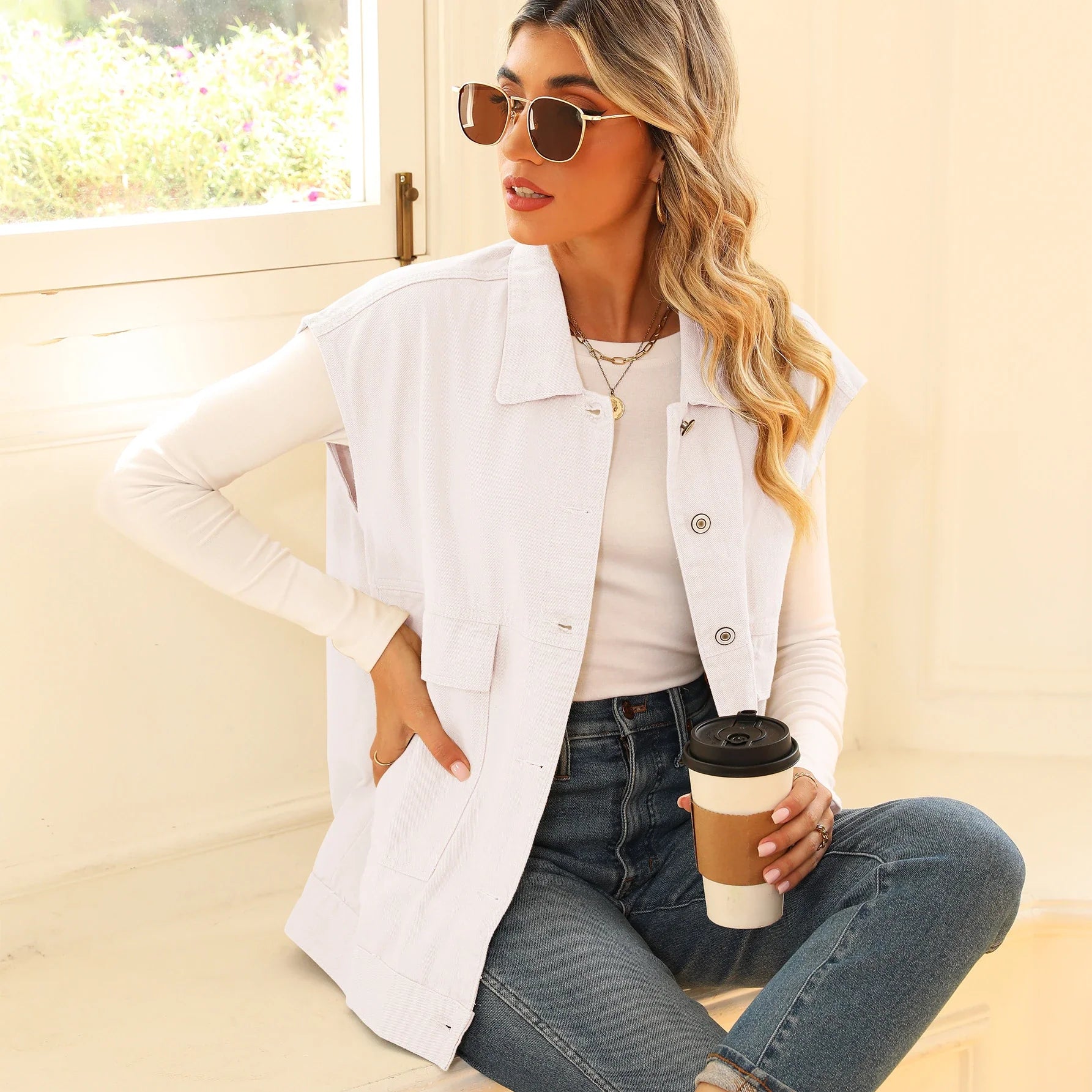 Denim vest with large pockets, sleeveless design, and fashionable silhouette for women's casual and everyday wear