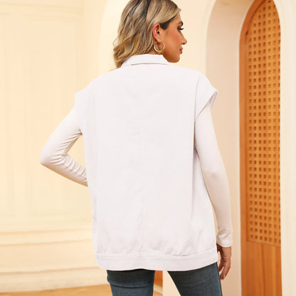 Denim vest with large pockets, sleeveless design, and fashionable silhouette for women's casual and everyday wear