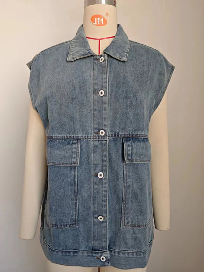 Denim vest with large pockets, sleeveless design, and fashionable silhouette for women's casual and everyday wear