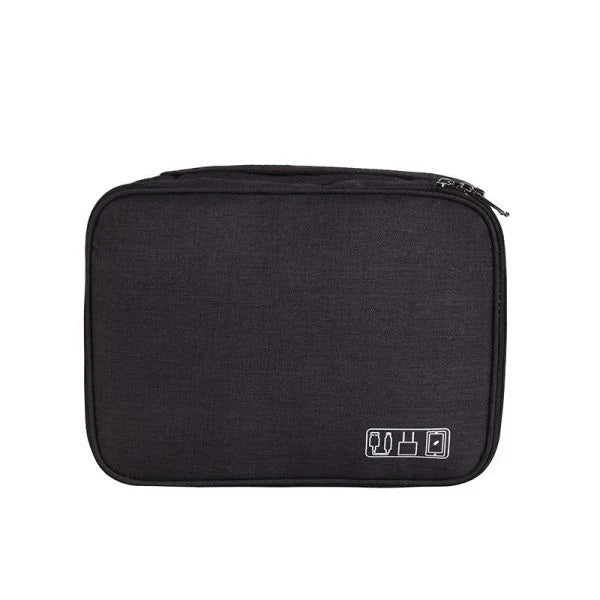 A sleek and compact cable organizer bag made of durable polyester, designed to hold a variety of electronic accessories for travel and home use.