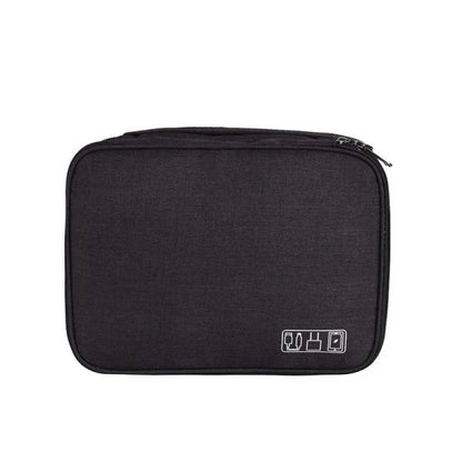 A sleek and compact cable organizer bag made of durable polyester, designed to hold a variety of electronic accessories for travel and home use.
