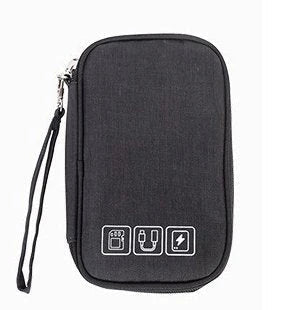 A sleek and compact cable organizer bag made of durable polyester, designed to hold a variety of electronic accessories for travel and home use.