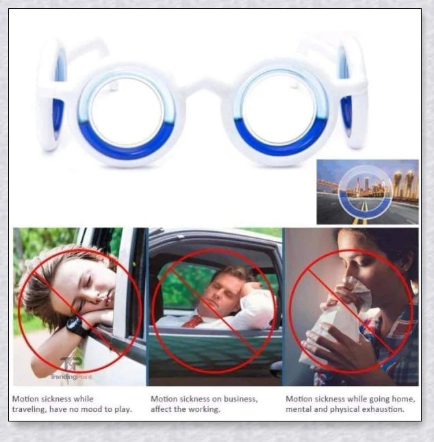 Motion Sickness Glasses with Boarding Ring technology that create an artificial horizon to relieve motion sickness symptoms